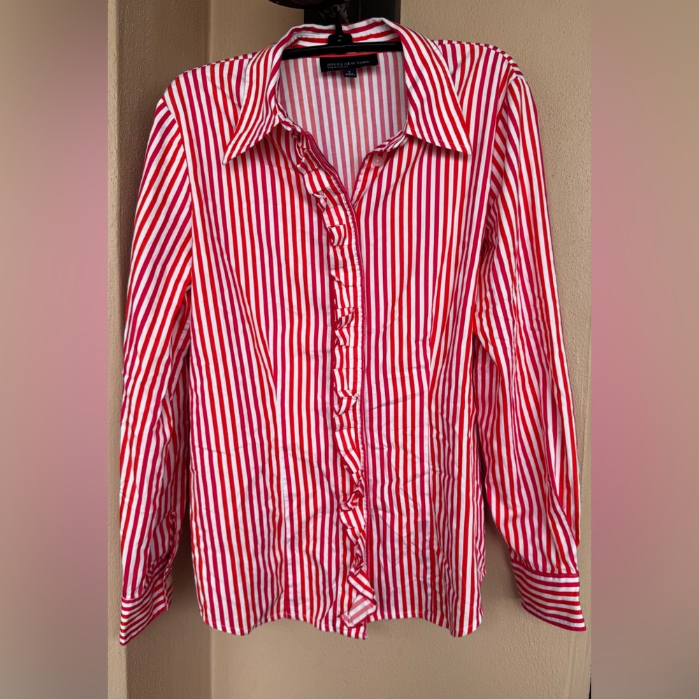 Jones New York Signature Blouse Red/White/Orange Stripe Ruffled Placket Medium